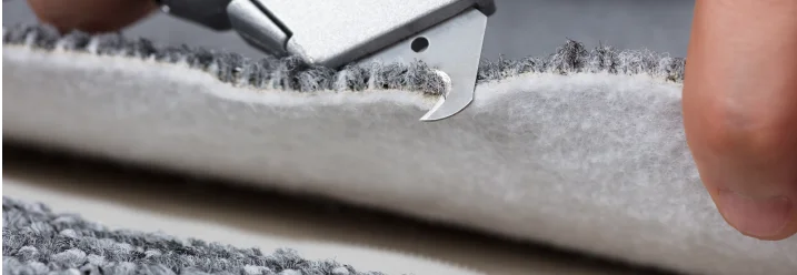 Person schneidet Teppich mit Teppichmesser mit Hakenklinge